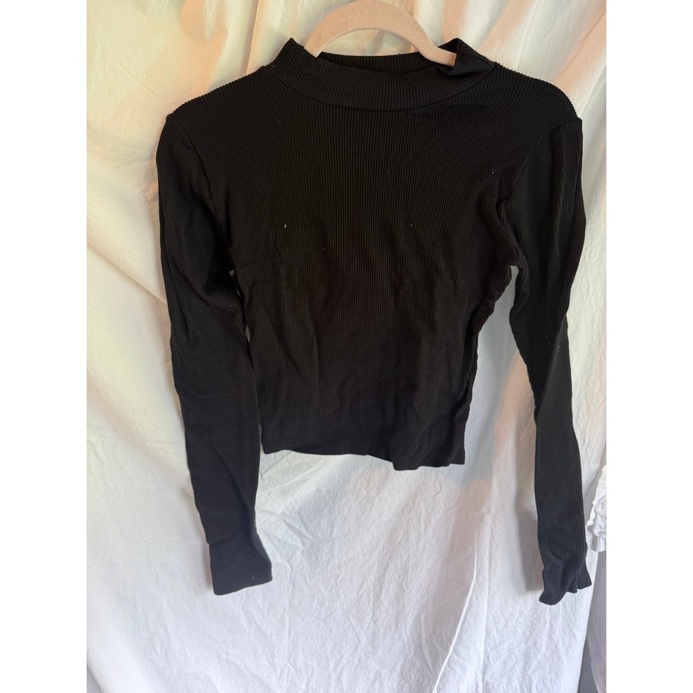 Poof New York Black Ribbed Mock Neck Long‎ Sleeve Top M/L